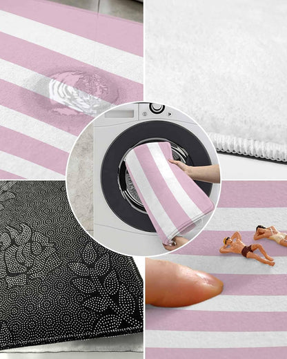 Bathroom Rug Bath Mat,Modern Striped Lines Absorbent Non Slip Soft Microfiber Shaggy Plush Bath Rugs for Shower,Pink and White 16"x24"