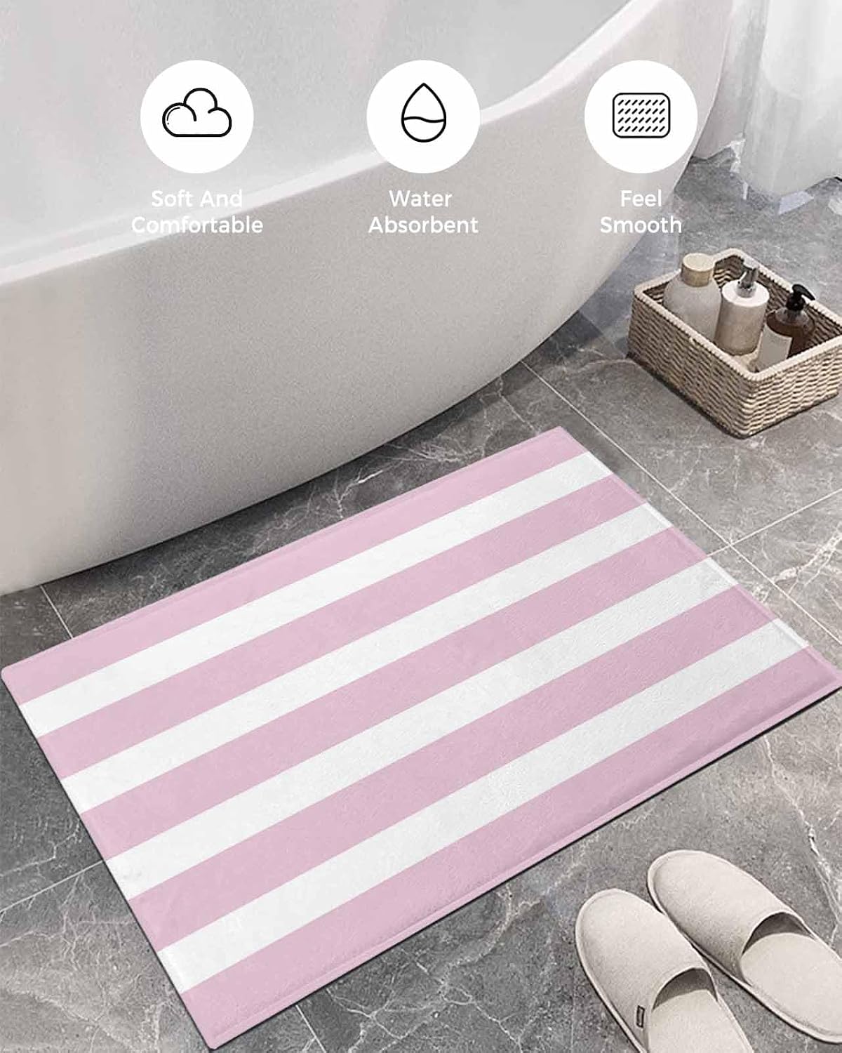 Bathroom Rug Bath Mat,Modern Striped Lines Absorbent Non Slip Soft Microfiber Shaggy Plush Bath Rugs for Shower,Pink and White 16"x24"