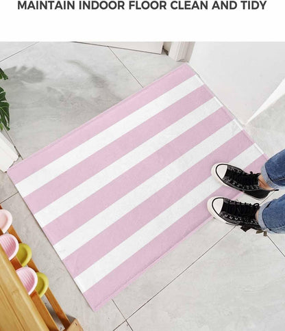 Bathroom Rug Bath Mat,Modern Striped Lines Absorbent Non Slip Soft Microfiber Shaggy Plush Bath Rugs for Shower,Pink and White 16"x24"