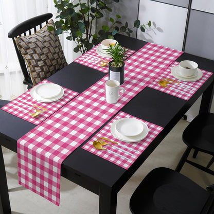 Peach Pink Checked Table Runner with Placemats Set of 4, Cotton Linen Kitchen Dining Mats Long Tablerunner, Farmhouse Buffalo Plaid Country Grid Table Mats Set for Living Room/Dresser/Dining 13"x70"