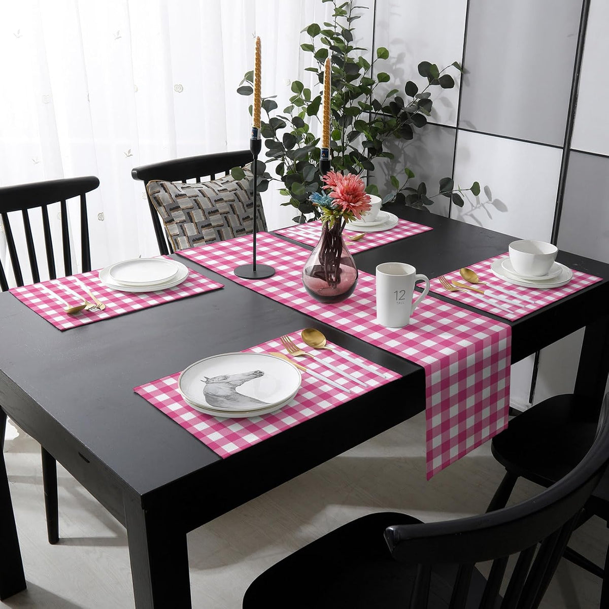 Peach Pink Checked Table Runner with Placemats Set of 4, Cotton Linen Kitchen Dining Mats Long Tablerunner, Farmhouse Buffalo Plaid Country Grid Table Mats Set for Living Room/Dresser/Dining 13"x70"