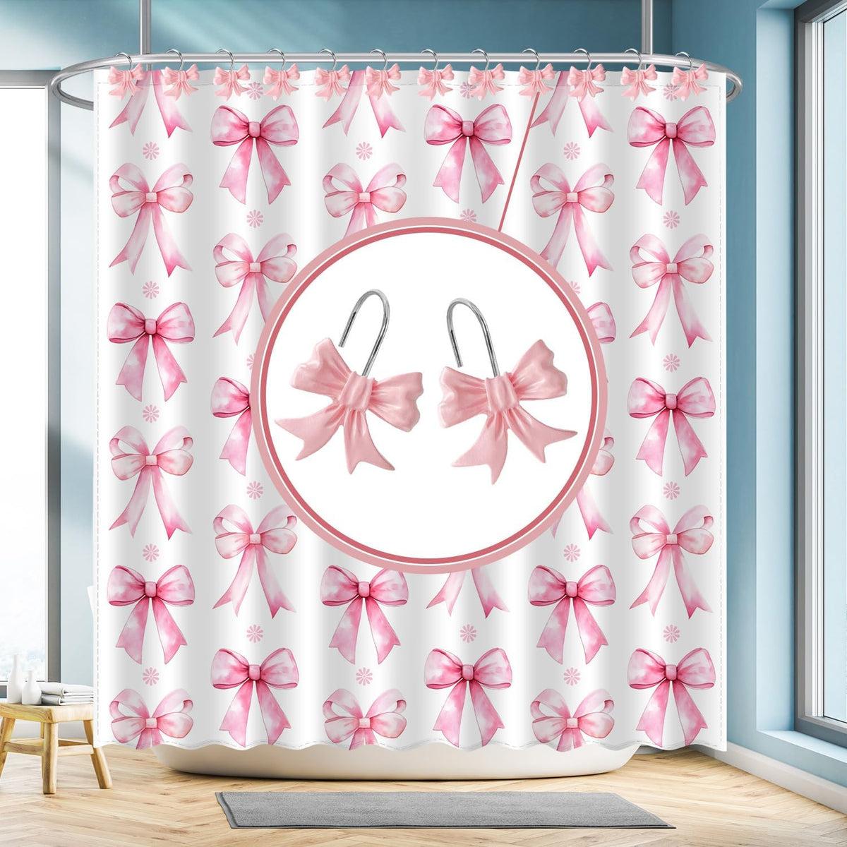 Cute Bow Knot Shower Curtain Hooks Rings, Modern Home Decorativ Rust Resistant Hangers, 12PCS Shower Hooks for Bathroom Shower Rod, Bedroom, Living Room (Bow Pink)