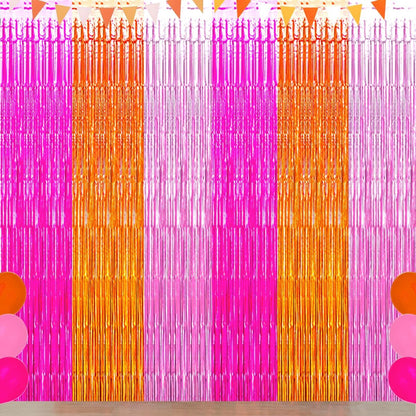Pink Orange Party Decorations Foil Fringe Backdrop Curtain, 3 Pack