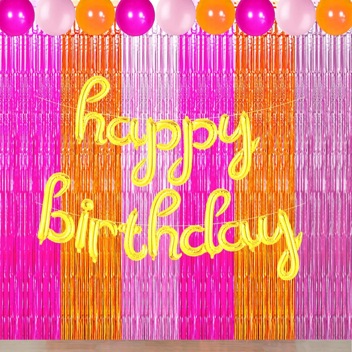 Pink Orange Party Decorations Foil Fringe Backdrop Curtain, 3 Pack