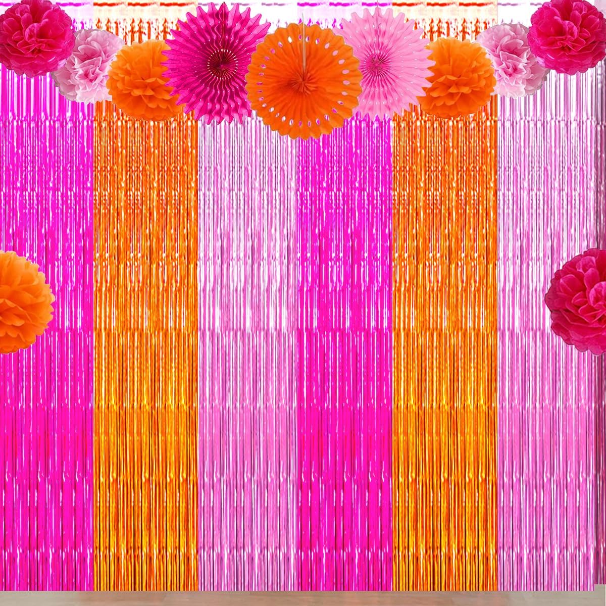 Pink Orange Party Decorations Foil Fringe Backdrop Curtain, 3 Pack