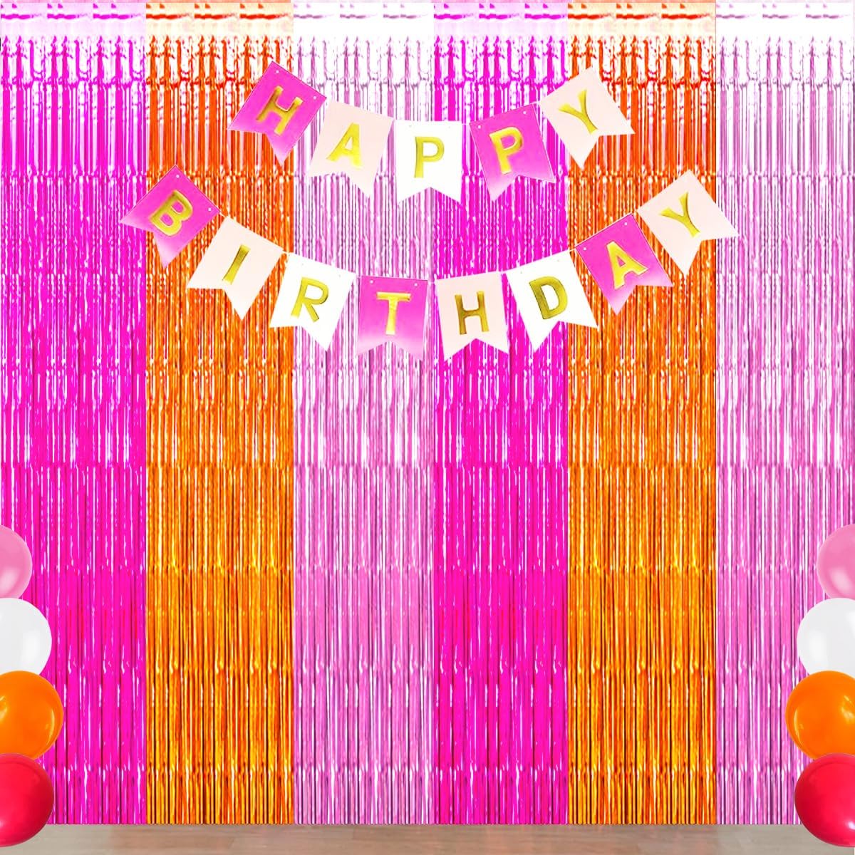 Pink Orange Party Decorations Foil Fringe Backdrop Curtain, 3 Pack