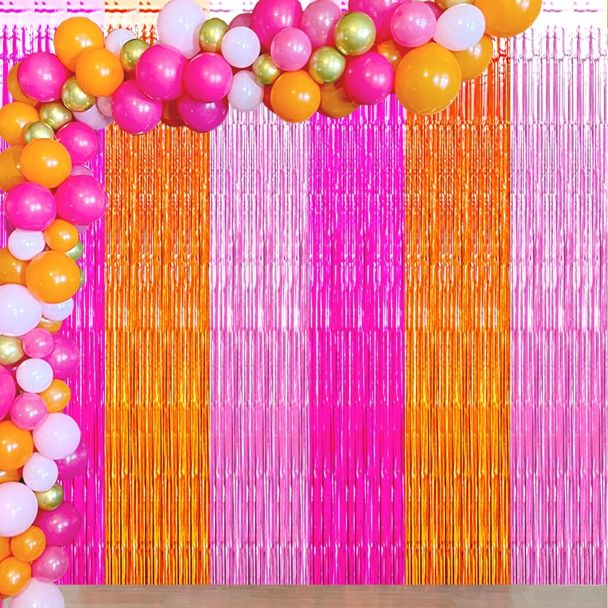 Pink Orange Party Decorations Foil Fringe Backdrop Curtain, 3 Pack