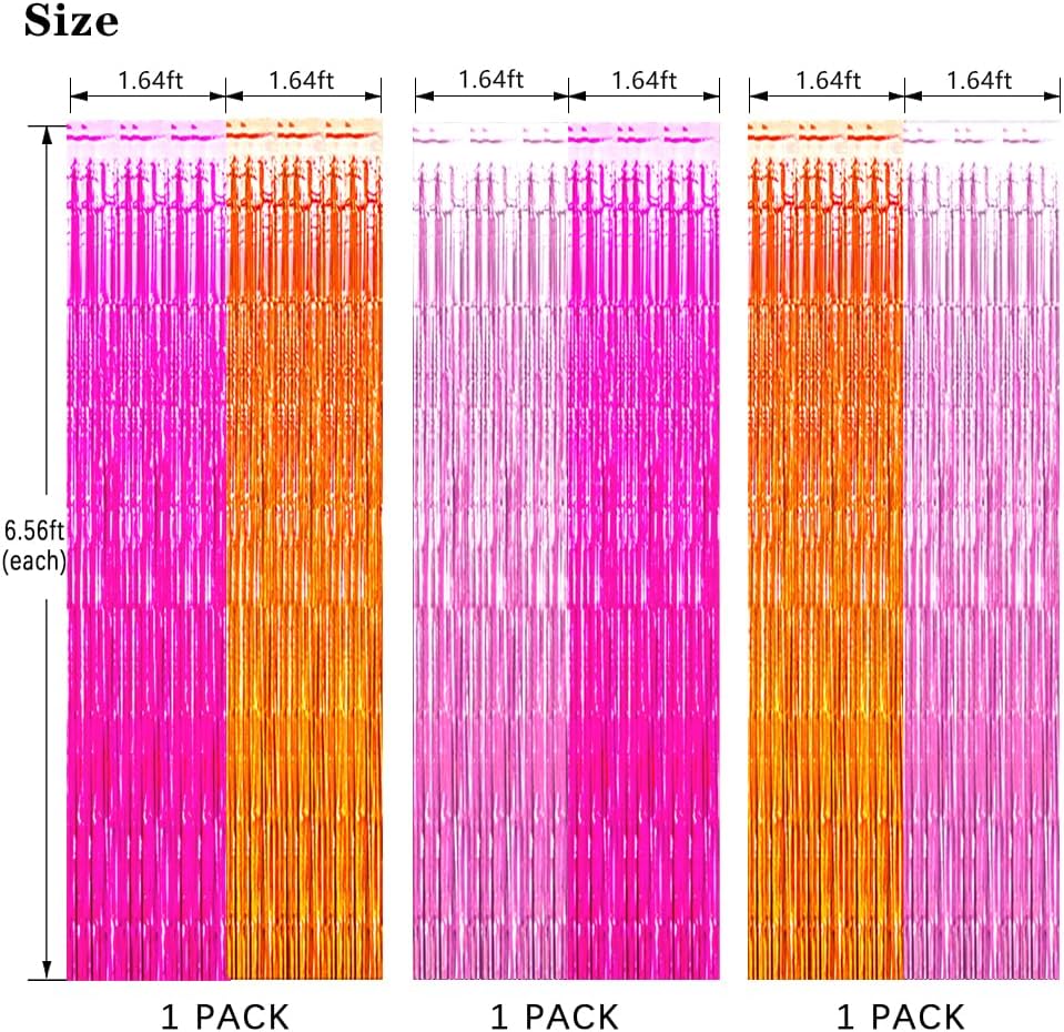 Pink Orange Party Decorations Foil Fringe Backdrop Curtain, 3 Pack