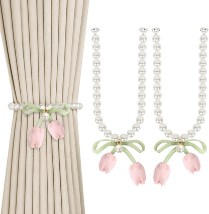 2 Pack Magnetic Curtain Tiebacks, Pearl Curtain Holdbacks, Pink