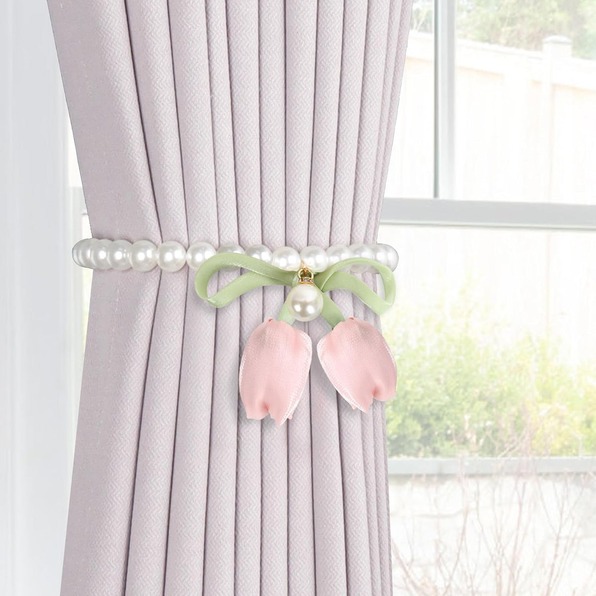 2 Pack Magnetic Curtain Tiebacks, Pearl Curtain Holdbacks, Pink