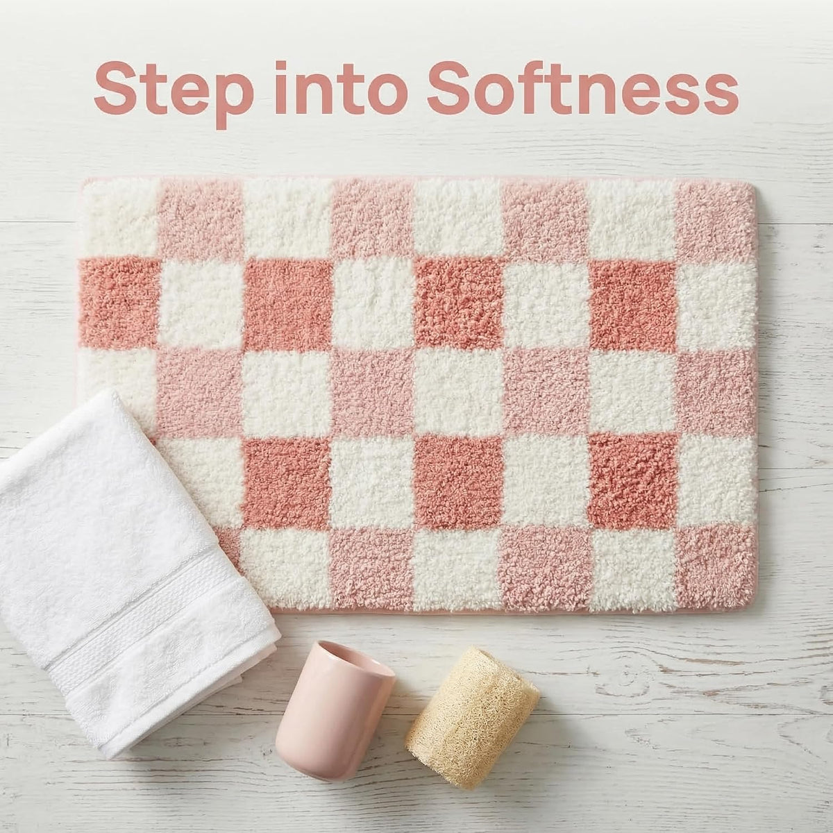Pink Checkerboard Bath Mat, Soft Microfiber Bathroom Rug, Non-Slip TPR Backing, Absorbent Machine Washable Bath Rug for Shower Tub Sink Bedroom Kitchen Indoor Home Decor, 24x16 Inch