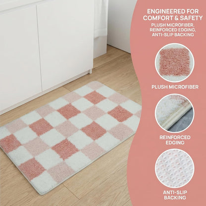 Pink Checkerboard Bath Mat, Soft Microfiber Bathroom Rug, Non-Slip TPR Backing, Absorbent Machine Washable Bath Rug for Shower Tub Sink Bedroom Kitchen Indoor Home Decor, 24x16 Inch