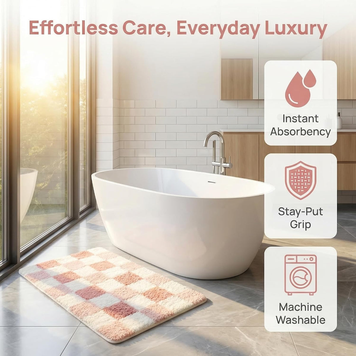 Pink Checkerboard Bath Mat, Soft Microfiber Bathroom Rug, Non-Slip TPR Backing, Absorbent Machine Washable Bath Rug for Shower Tub Sink Bedroom Kitchen Indoor Home Decor, 24x16 Inch