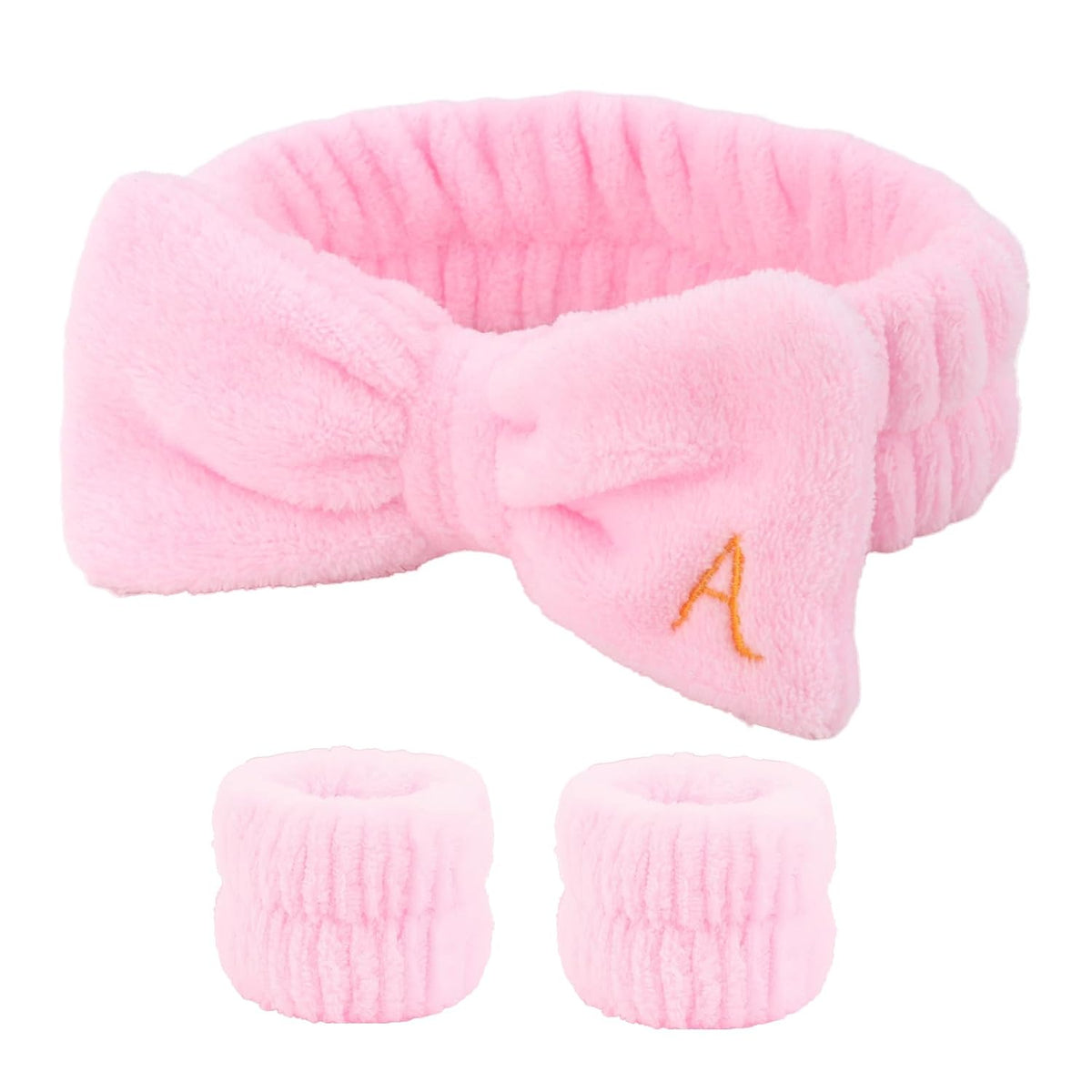 3PCS Spa Headband & Wristbands Set for Women,Letter A Face Wash Headband with Cute Bow,Makeup Skincare Accessories for Facial, Yoga,Gifts(Pink)