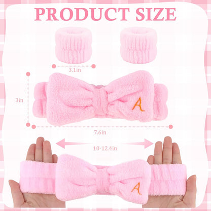 3PCS Spa Headband & Wristbands Set for Women,Letter A Face Wash Headband with Cute Bow,Makeup Skincare Accessories for Facial, Yoga,Gifts(Pink)