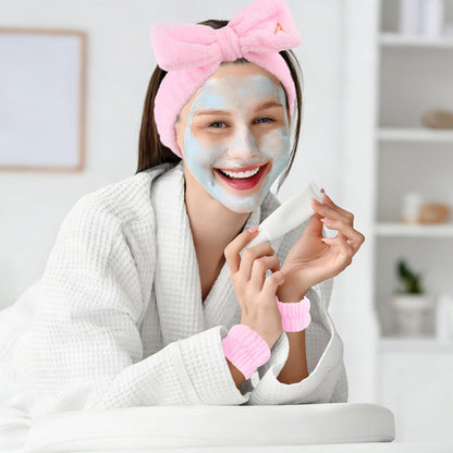3PCS Spa Headband & Wristbands Set for Women,Letter A Face Wash Headband with Cute Bow,Makeup Skincare Accessories for Facial, Yoga,Gifts(Pink)