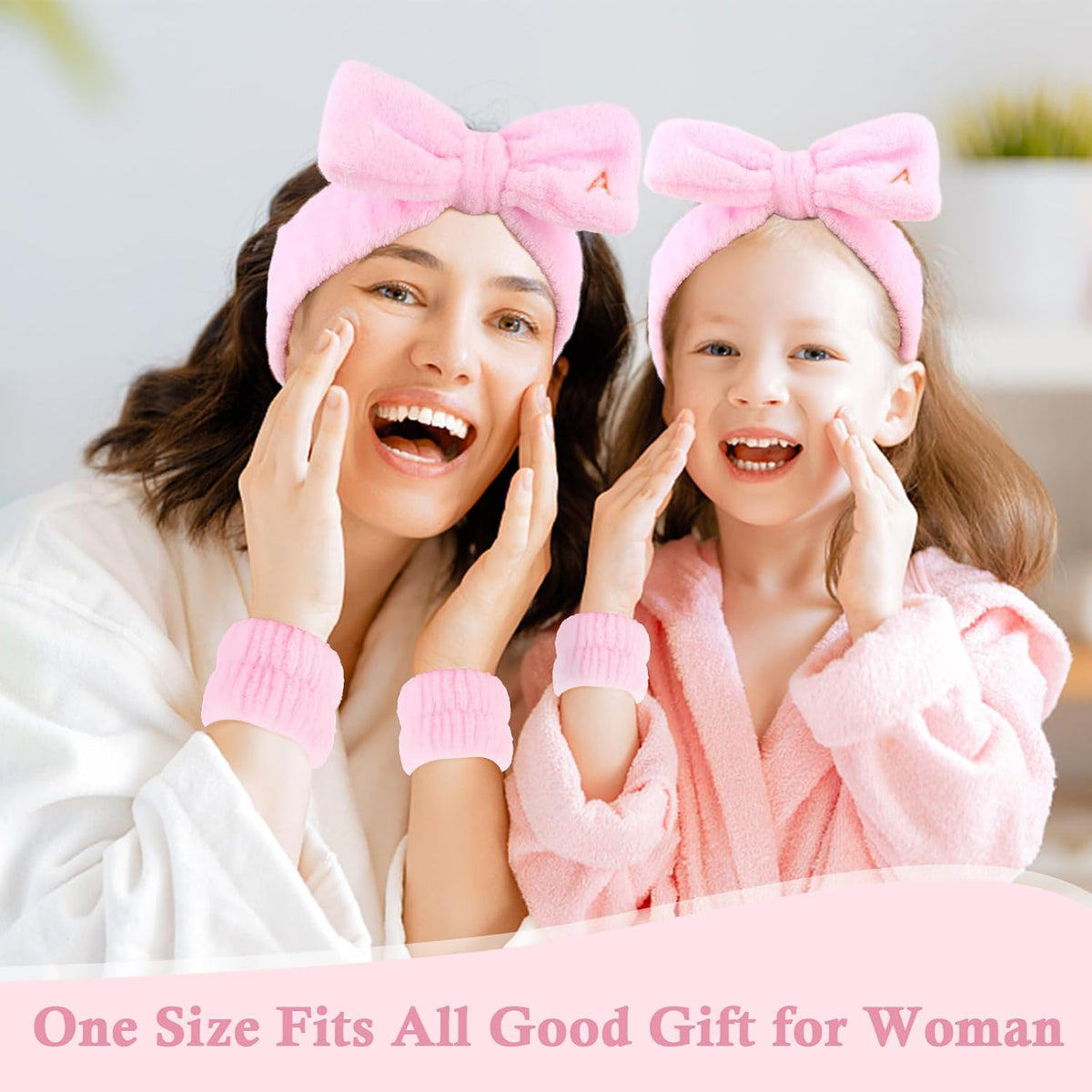 3PCS Spa Headband & Wristbands Set for Women,Letter A Face Wash Headband with Cute Bow,Makeup Skincare Accessories for Facial, Yoga,Gifts(Pink)