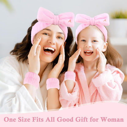 3PCS Spa Headband & Wristbands Set for Women,Letter A Face Wash Headband with Cute Bow,Makeup Skincare Accessories for Facial, Yoga,Gifts(Pink)