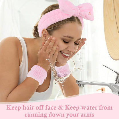 3PCS Spa Headband & Wristbands Set for Women,Letter A Face Wash Headband with Cute Bow,Makeup Skincare Accessories for Facial, Yoga,Gifts(Pink)