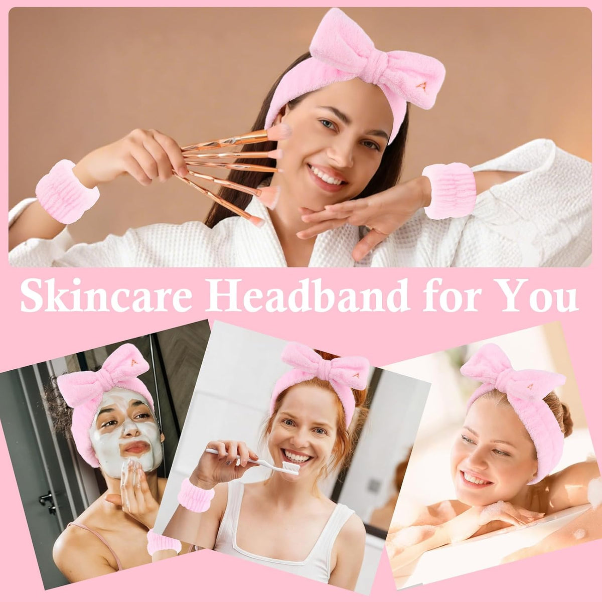 3PCS Spa Headband & Wristbands Set for Women,Letter A Face Wash Headband with Cute Bow,Makeup Skincare Accessories for Facial, Yoga,Gifts(Pink)