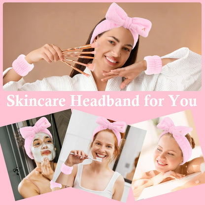 3PCS Spa Headband & Wristbands Set for Women,Letter A Face Wash Headband with Cute Bow,Makeup Skincare Accessories for Facial, Yoga,Gifts(Pink)