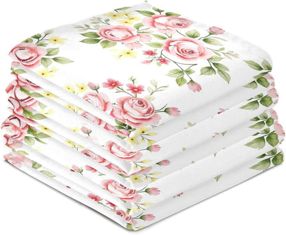 Flower Kitchen Towels 4 Pack, Pink Rose Flower Floral Dish Towels Dishcloth 18x28 Inch for Kitchen Household Cleaning
