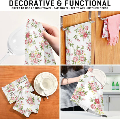 Flower Kitchen Towels 4 Pack, Pink Rose Flower Floral Dish Towels Dishcloth 18x28 Inch for Kitchen Household Cleaning