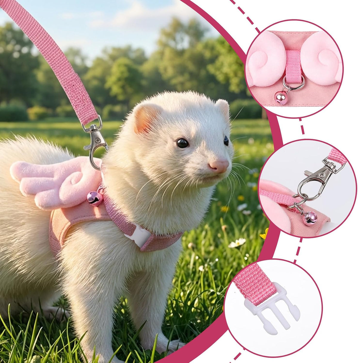Ferret Harness and Leash Set Small Animals Vest Harness Soft-Harness Leash Vest Set with Bell Guinea Pig Clothes for Baby Ferret Rats Hamster Teacup Chihuahua Mouse Small Pet