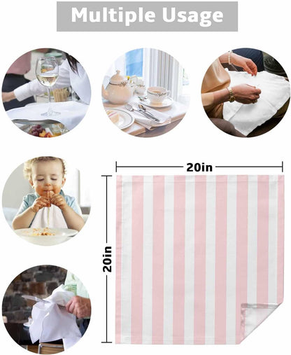 Pink Stripes Cloth Napkins Set of 4, Washable Reusable Dinner Cocktail Napkin for Kitchen Party Wedding Banquet Holiday Baby Shower Table Decor Farmhouse White Simple Vertical Striped