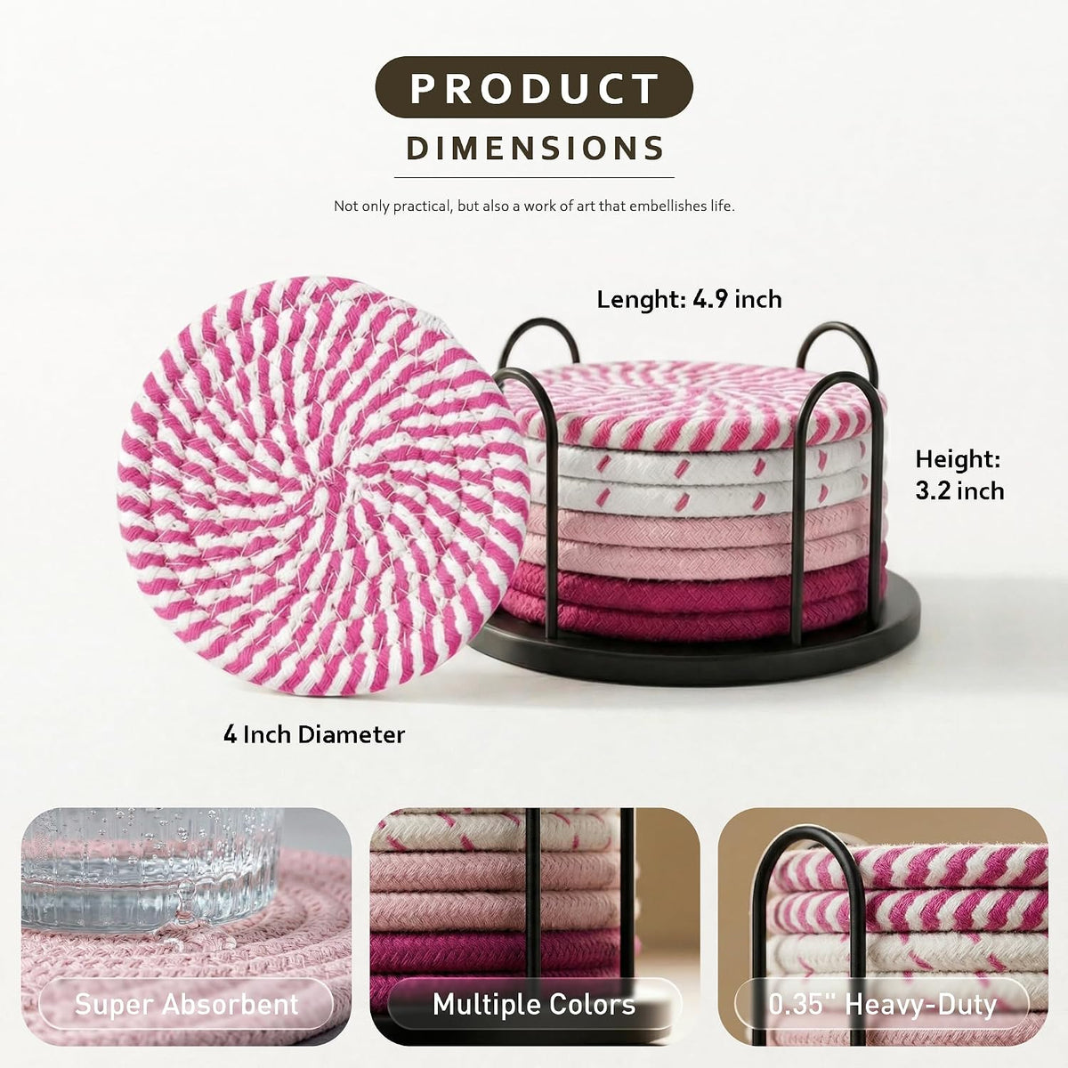 Coasters Set of 8 for Drinks, 4 Inch Large Coasters for Coffee Table, Tabletop Protection for Hot & Cold Drinks, Versatile Coasters for Home Decor, Non-Slip & Easy to Clean, Pink