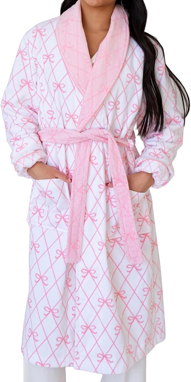 Bow Robes For Women Robe Lightweight Short Women Bathrobe Soft Ladies Cute Bathrobe With Pocket Pink And White