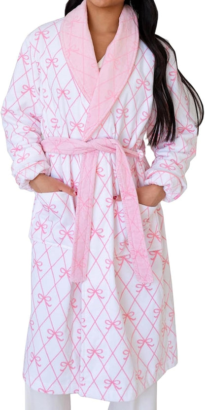 Bow Robes For Women Robe Lightweight Short Women Bathrobe Soft Ladies Cute Bathrobe With Pocket Pink And White