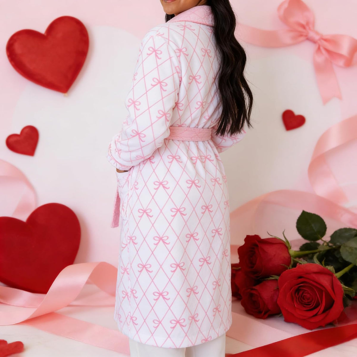 Bow Robes For Women Robe Lightweight Short Women Bathrobe Soft Ladies Cute Bathrobe With Pocket Pink And White