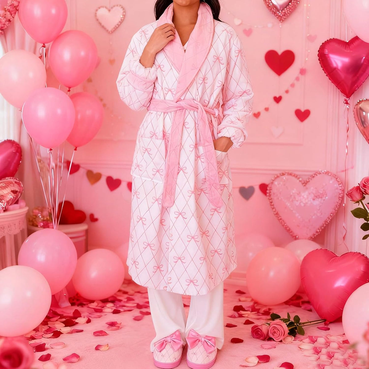 Bow Robes For Women Robe Lightweight Short Women Bathrobe Soft Ladies Cute Bathrobe With Pocket Pink And White