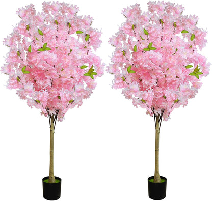 2 Pack Artificial Cherry Blossom Tree,4FT Faux Cherry Blossom Plant in Pot with Pink Flowers,Artificial Silk Plants for Indoor Outdoor Decor,Front,Living Room,Office,Patio