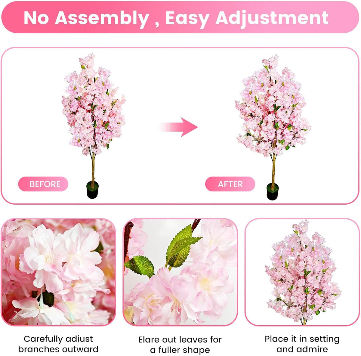 2 Pack Artificial Cherry Blossom Tree,4FT Faux Cherry Blossom Plant in Pot with Pink Flowers,Artificial Silk Plants for Indoor Outdoor Decor,Front,Living Room,Office,Patio