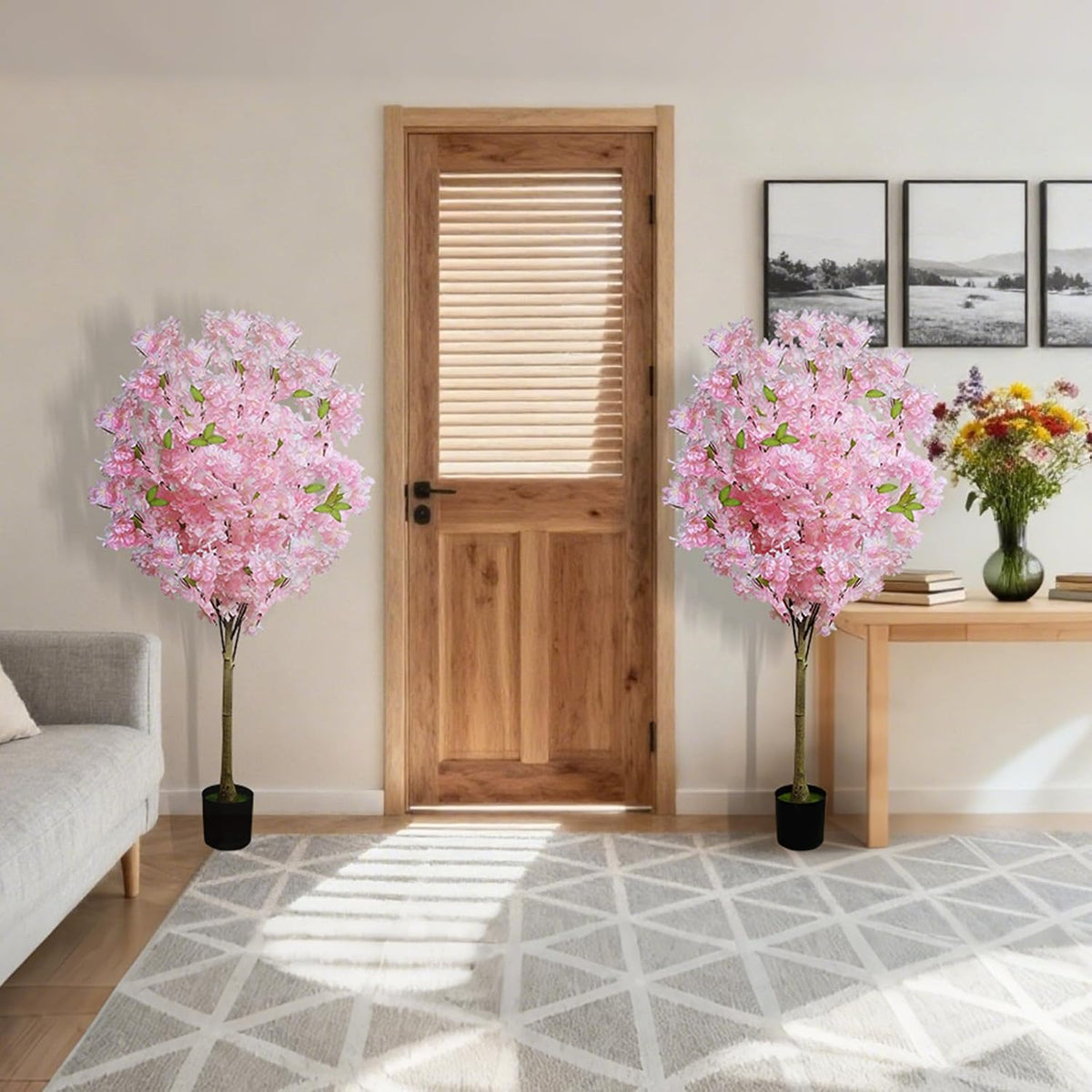 2 Pack Artificial Cherry Blossom Tree,4FT Faux Cherry Blossom Plant in Pot with Pink Flowers,Artificial Silk Plants for Indoor Outdoor Decor,Front,Living Room,Office,Patio