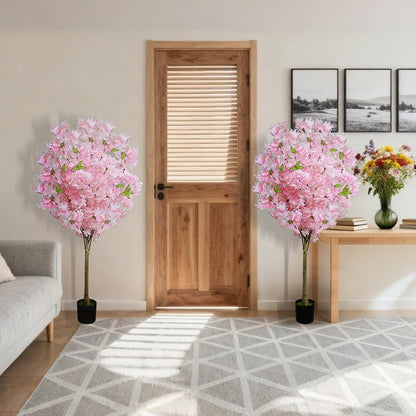 2 Pack Artificial Cherry Blossom Tree,4FT Faux Cherry Blossom Plant in Pot with Pink Flowers,Artificial Silk Plants for Indoor Outdoor Decor,Front,Living Room,Office,Patio