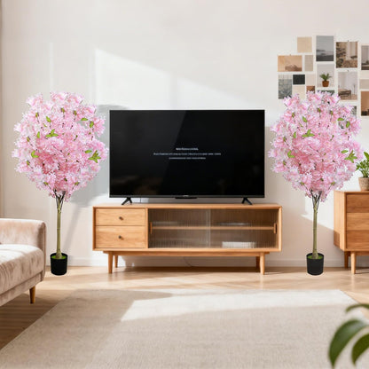 2 Pack Artificial Cherry Blossom Tree,4FT Faux Cherry Blossom Plant in Pot with Pink Flowers,Artificial Silk Plants for Indoor Outdoor Decor,Front,Living Room,Office,Patio