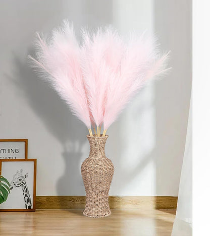 9 Pcs 45" Tall Pampas Grass Pink Decor, Long Stem Artificial Flower Floor Vase Large Faux Floral Pompas Fake Plants Dried Bouquet Arrangement Vase Filler for Boho Home Wedding Decoration
