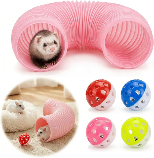 1 Pack Ferret Tubes & Tunnels with 4 Bell Balls, 3.9 in Wide, Pink