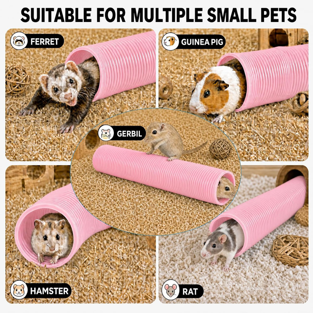1 Pack Ferret Tubes & Tunnels with 4 Bell Balls, 3.9 in Wide, Pink