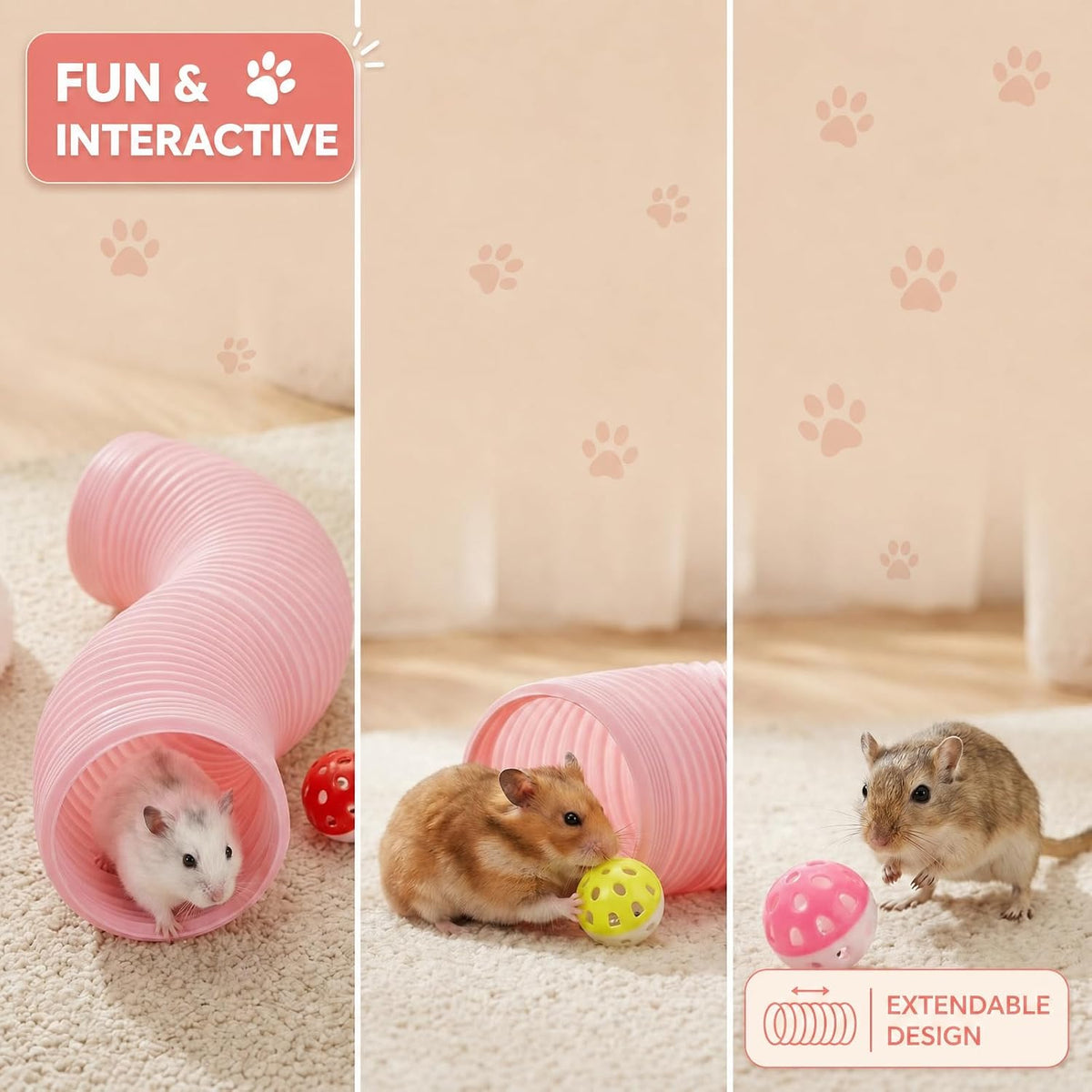 1 Pack Ferret Tubes & Tunnels with 4 Bell Balls, 3.9 in Wide, Pink