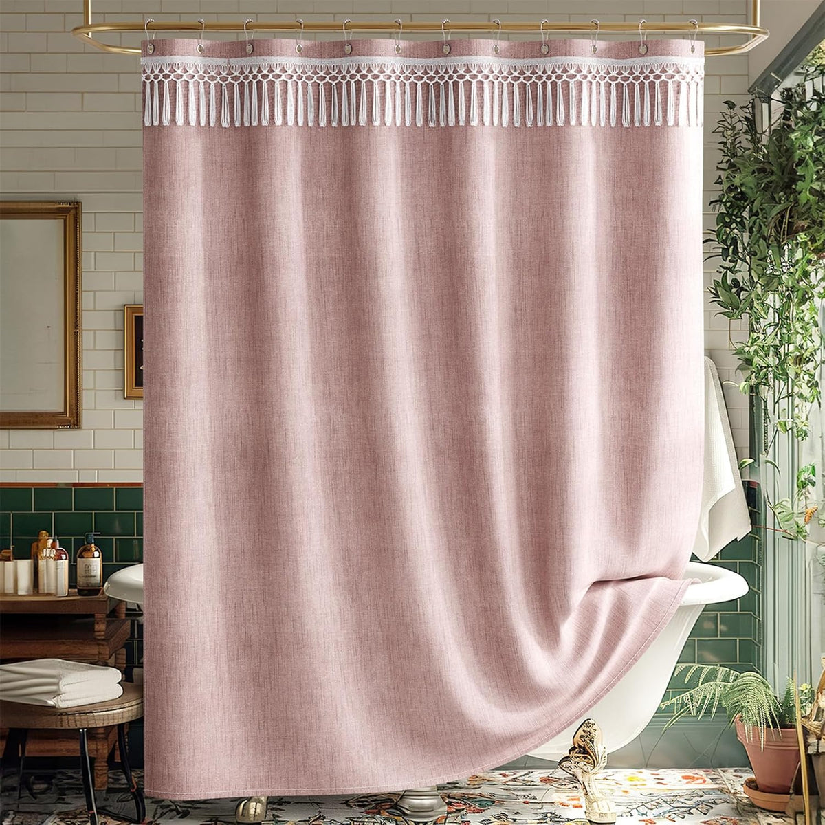 Pink Boho Shower Curtains for Bathroom, Farmhouse Shower Curtain with Top Tassels, Pink Shower Curtain Set, Faux Linen Fabric Shower Curtain with 12 Hooks, Hotel Quality, 72x72 Inches