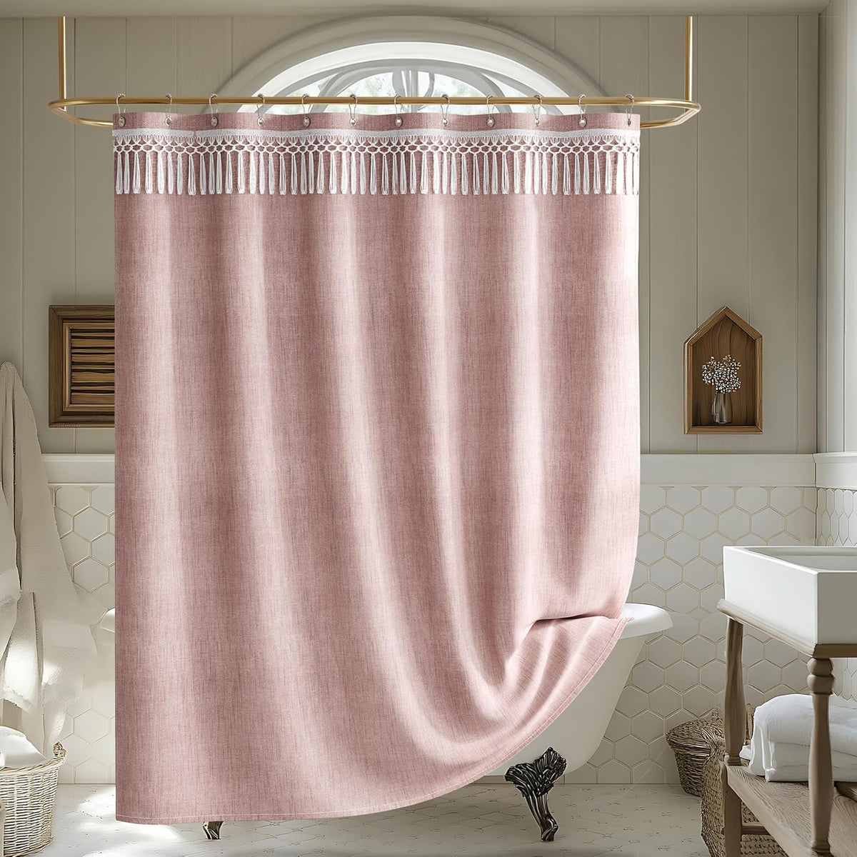 Pink Boho Shower Curtains for Bathroom, Farmhouse Shower Curtain with Top Tassels, Pink Shower Curtain Set, Faux Linen Fabric Shower Curtain with 12 Hooks, Hotel Quality, 72x72 Inches