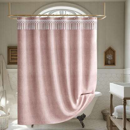 Pink Boho Shower Curtains for Bathroom, Farmhouse Shower Curtain with Top Tassels, Pink Shower Curtain Set, Faux Linen Fabric Shower Curtain with 12 Hooks, Hotel Quality, 72x72 Inches