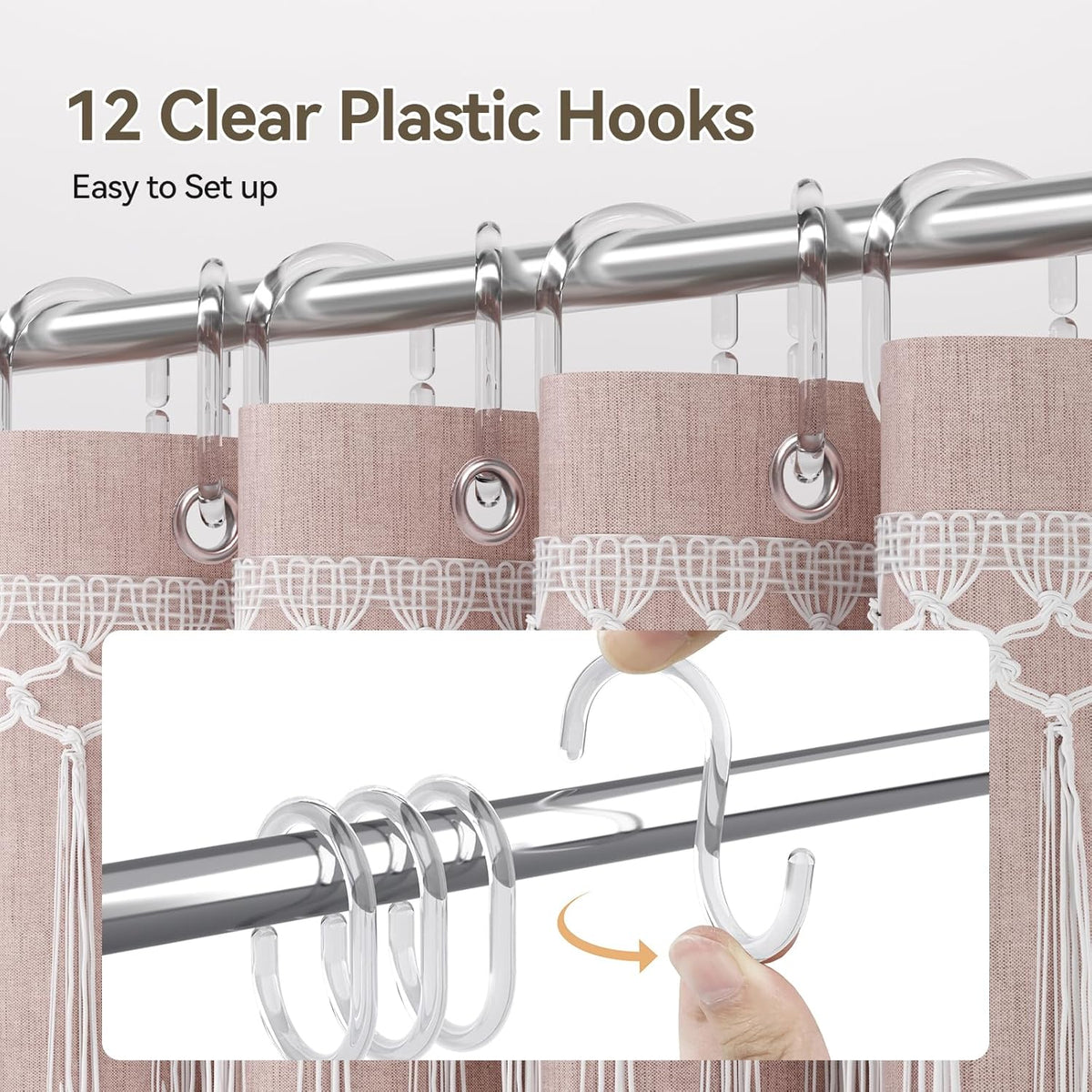 Pink Boho Shower Curtains for Bathroom, Farmhouse Shower Curtain with Top Tassels, Pink Shower Curtain Set, Faux Linen Fabric Shower Curtain with 12 Hooks, Hotel Quality, 72x72 Inches