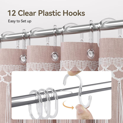 Pink Boho Shower Curtains for Bathroom, Farmhouse Shower Curtain with Top Tassels, Pink Shower Curtain Set, Faux Linen Fabric Shower Curtain with 12 Hooks, Hotel Quality, 72x72 Inches