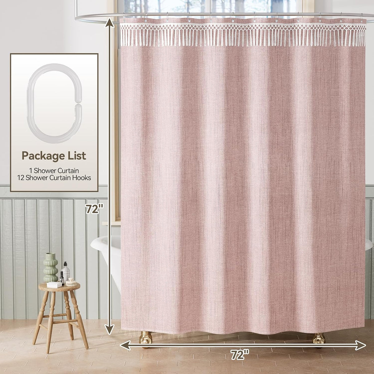 Pink Boho Shower Curtains for Bathroom, Farmhouse Shower Curtain with Top Tassels, Pink Shower Curtain Set, Faux Linen Fabric Shower Curtain with 12 Hooks, Hotel Quality, 72x72 Inches