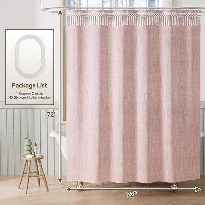 Pink Boho Shower Curtains for Bathroom, Farmhouse Shower Curtain with Top Tassels, Pink Shower Curtain Set, Faux Linen Fabric Shower Curtain with 12 Hooks, Hotel Quality, 72x72 Inches